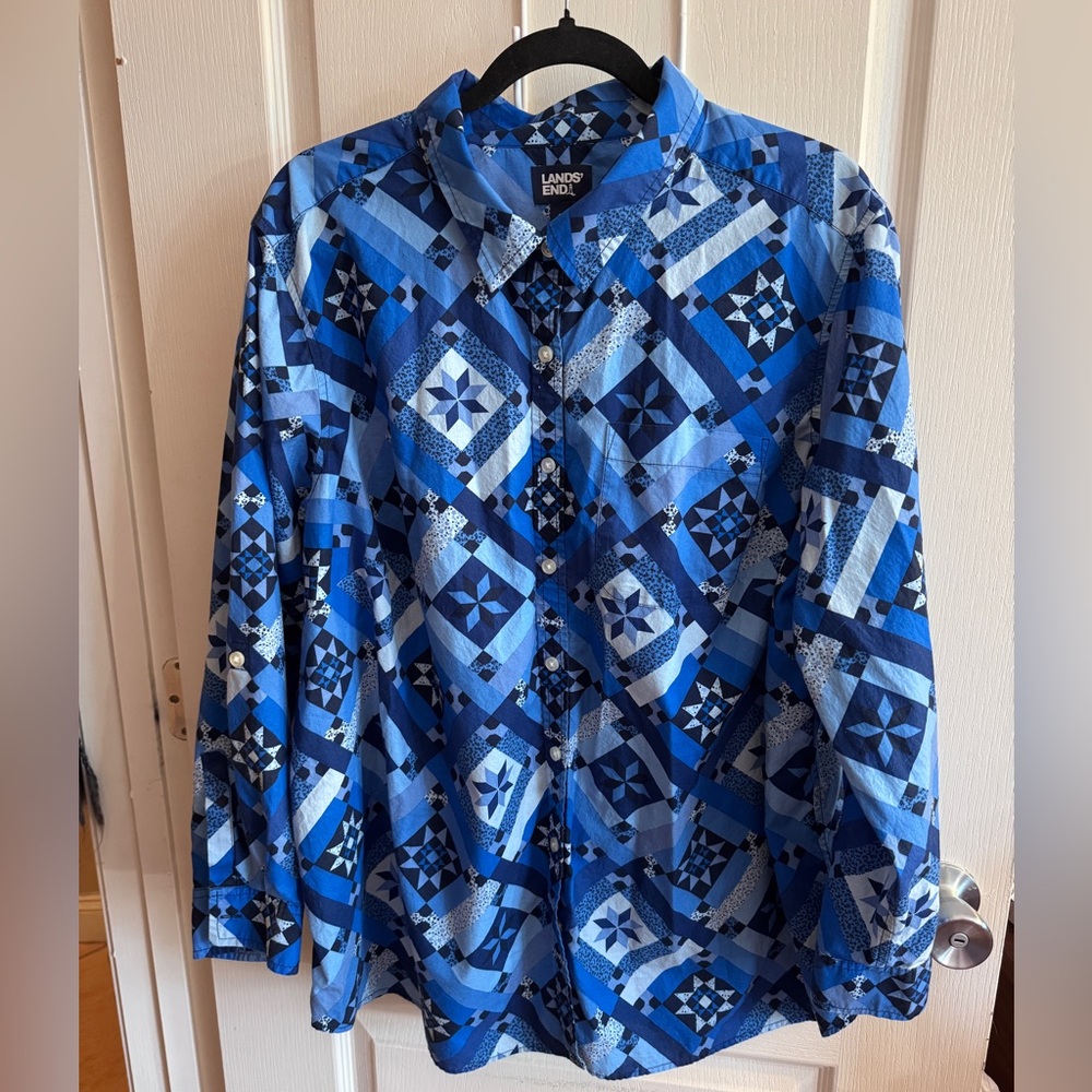 Long sleeve quilt print button down shirt